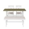 4 Pieces Farmhouse Rustic Wood Kitchen Dining Table Set with Upholstered 2 X-back Chairs and Bench,Gray Green+White+Beige